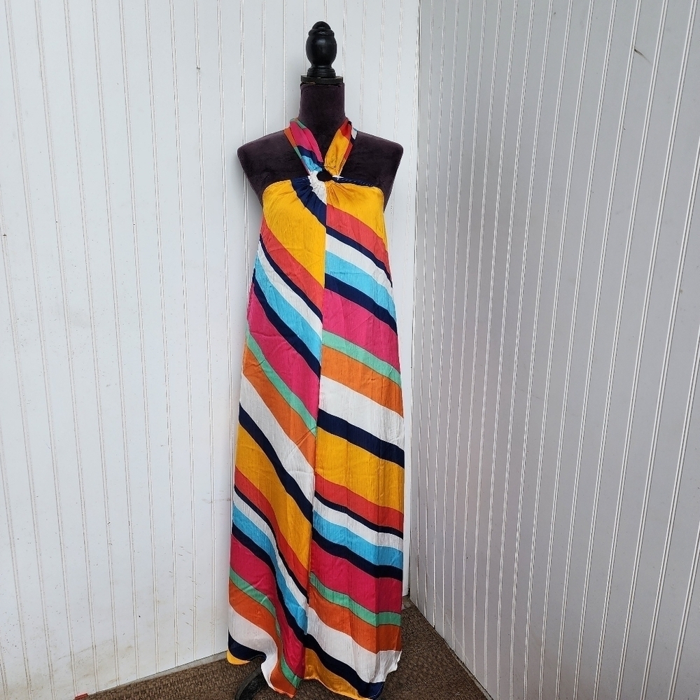 The Drop Women's Maxi Halter Silky Streach Dress Stripe Colorfull Lined Sz S